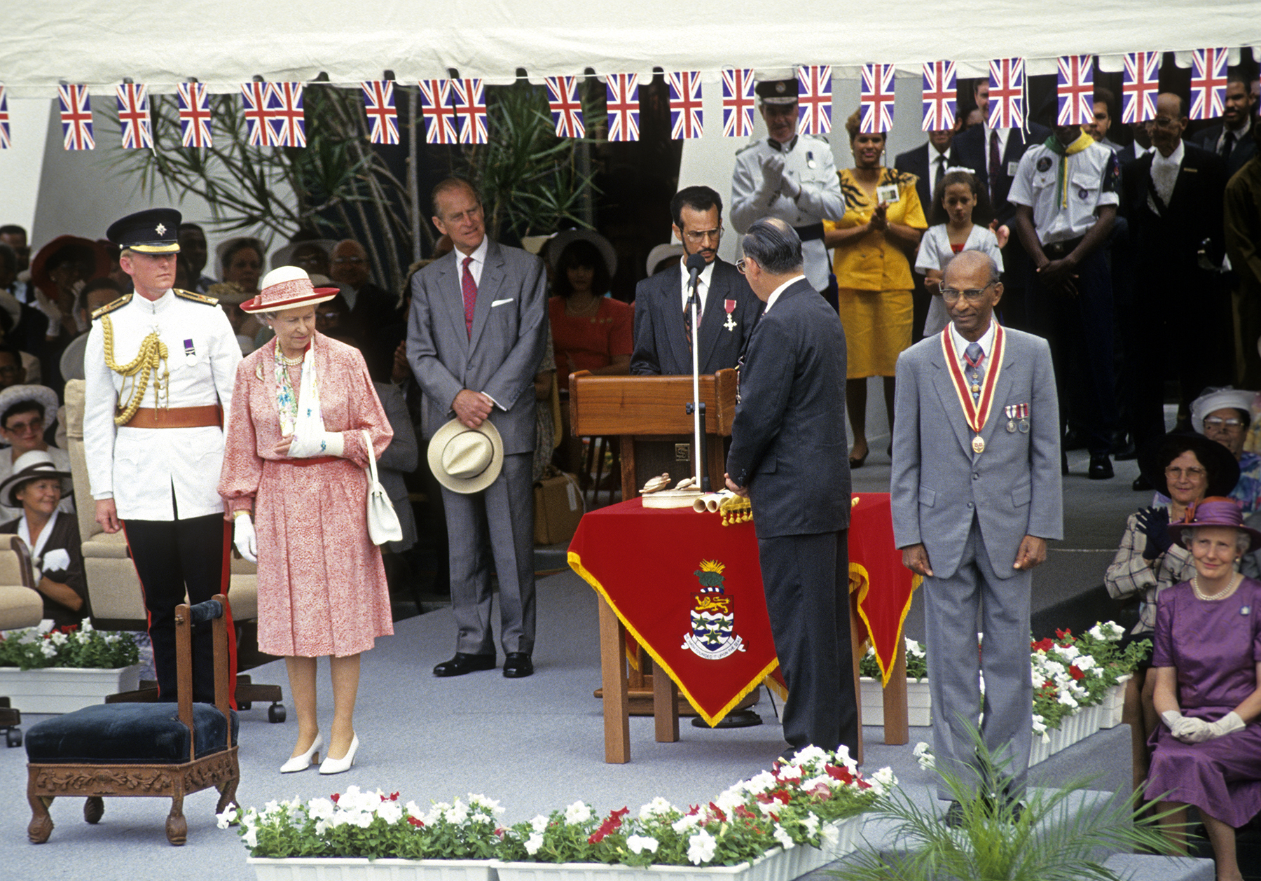 The knighting of Sir Vassel Johnson, Cayman's first knight, was a highlight of the Queen's visit in 1994.